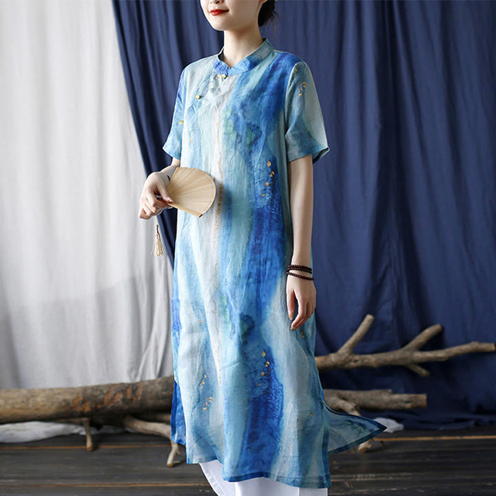 Buddha Stones Ramie Blue Digital Printing Cheongsam Dresses Short Sleeve Linen Dress