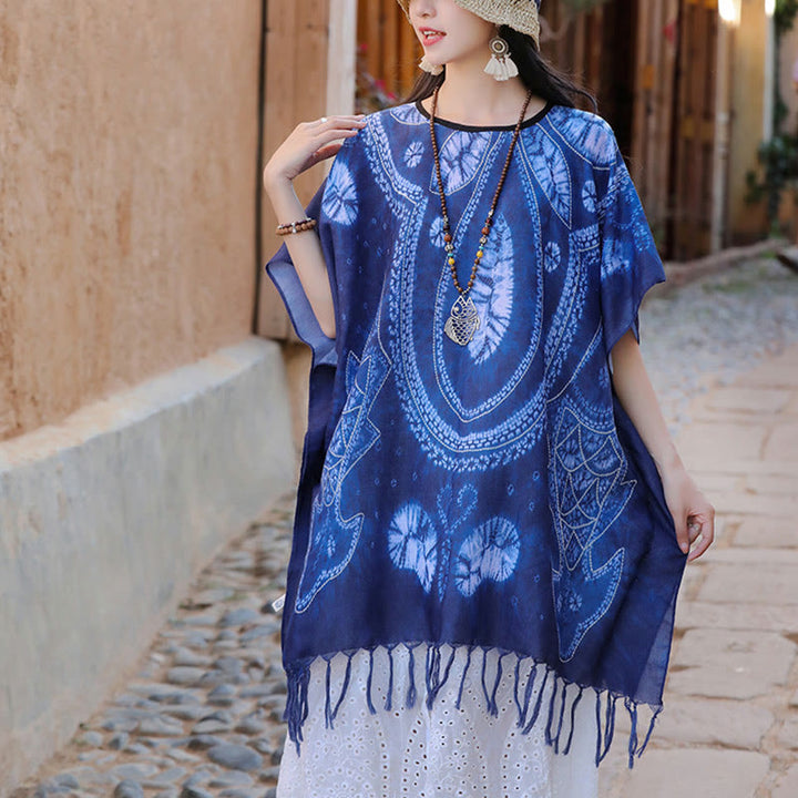 Buddha Stones Blue Geometry Batik Shawl Tassels Cozy Travel Pullover 90*95cm