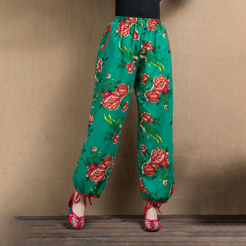 Buddha Stones Ethnic Style Red Green Flowers Print Harem Pants With Pockets