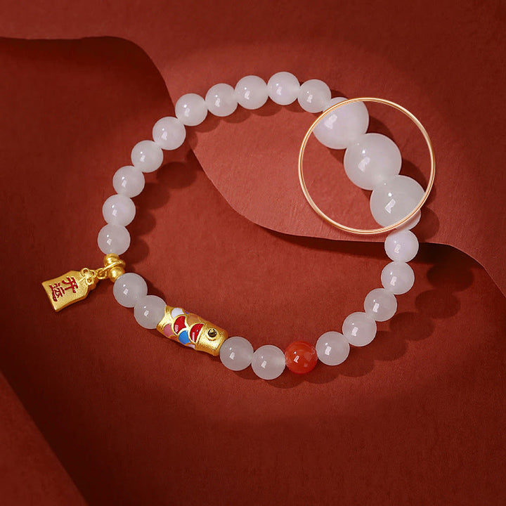 Buddha Stones 925 Sterling Silver Hetian White Jade Red Agate Koi Fish Luck Happiness Bracelet - image 3