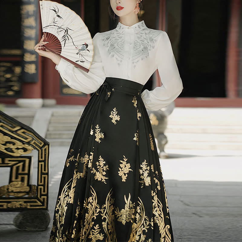 Buddha Stones Flowers Leaves Feathers Long Sleeve Shirt Top Chinese Hanfu Ming Dynasty Horse Face Skirt Mamianqun Skirt