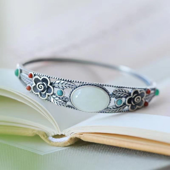 Buddha Stones Cyan Jade White Jade Flower Leaf Harmony Luck Bracelet Bangle - White Jade&Silver Bangle - image 10