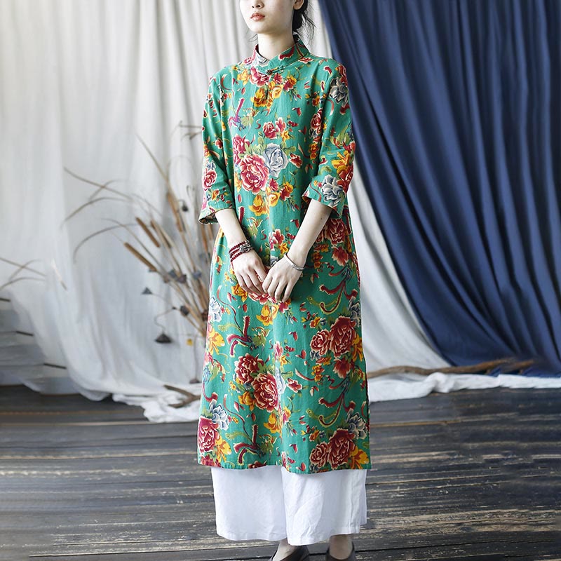 Buddha Stones Red Blue Peony Midi Dress Half Sleeve Cotton Linen Dress Wide Leg Pants With Pockets