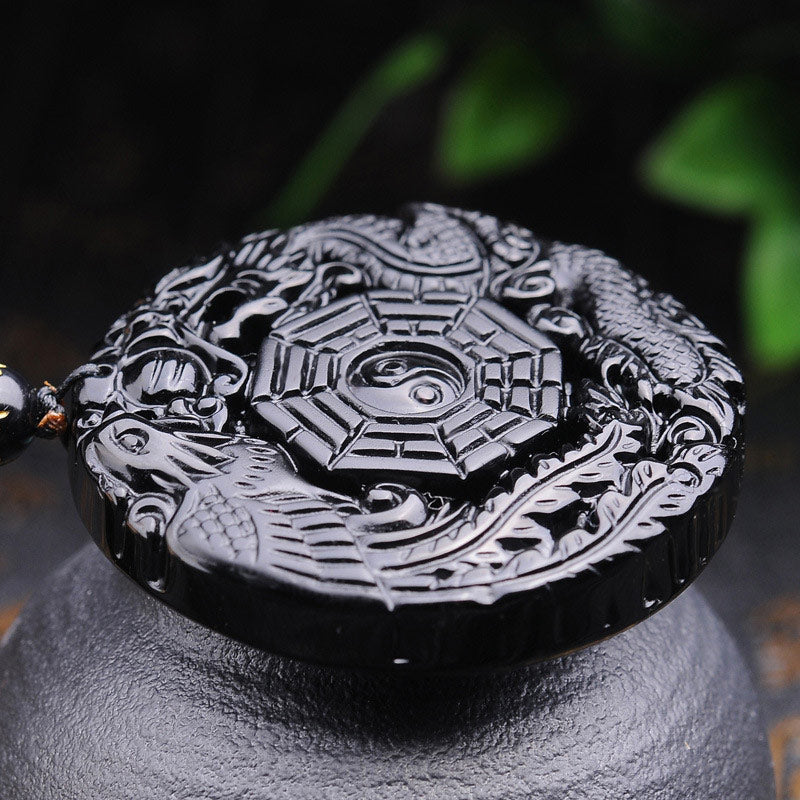Buddha Stones Bagua Dragon Phoenix Obsidian Fulfilment Pendant Necklace - image 3