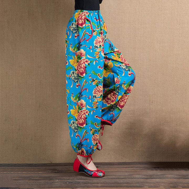 Buddha Stones Ethnic Style Red Green Flowers Print Harem Pants With Pockets