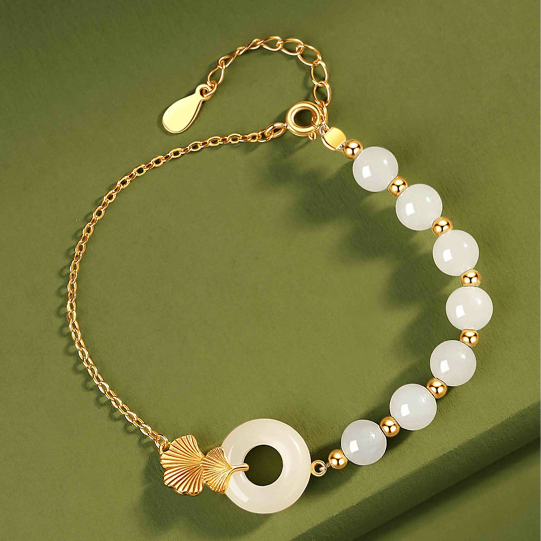 Buddha Stones 925 Sterling Silver Hetian White Jade Peace Buckle Ginkgo Leaf Luck Bracelet - image 1