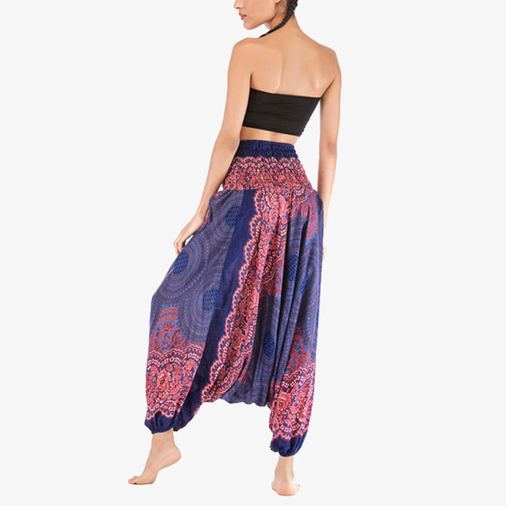 Buddha Stones Two Style Wear Round Geometric Pattern Loose Smocked Harem Trousers Jumpsuit High Waist Women's Yoga Pants