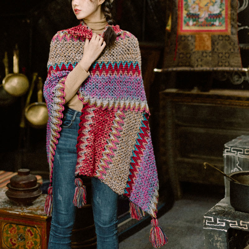 Buddha Stones Tibetan Shawl Warm Cloak Tibetan Tassel Scarf - image 6