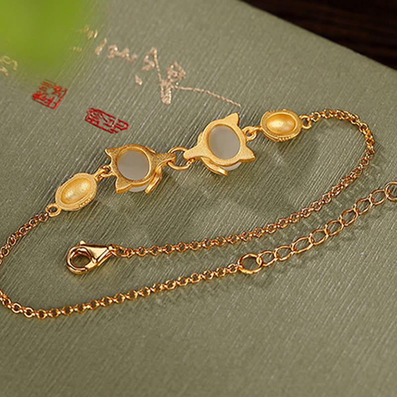Buddha Stones 925 Sterling Silver Natural Hetian White Jade Cyan Jade Lovely Fox Luck Bracelet - image 10