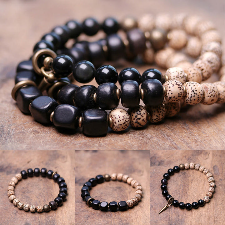 Buddha Stones Tibetan Bodhi Seed Black Obsidian Ebony Wood Copper Peace Bracelet