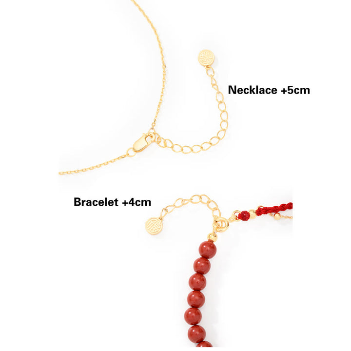 Buddha Stones 925 Sterling Silver Plated 18K Gold Hetian Jade Ruyi Cat Cinnabar Luck Bracelet Necklace Pendant Set