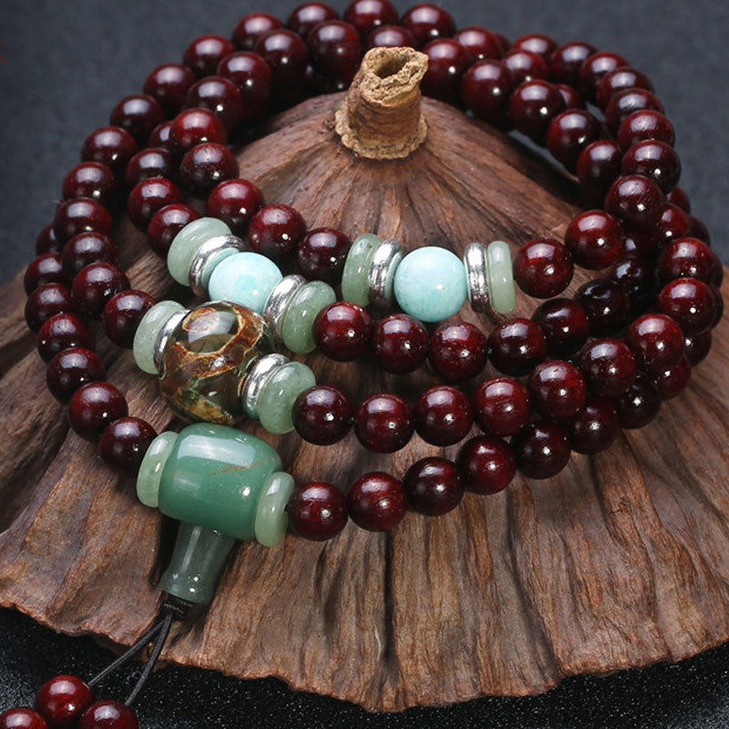 Buddha Stones 108 Beads Small Leaf Red Sandalwood Green Aventurine Amazonite Luck Healing Bracelet Mala