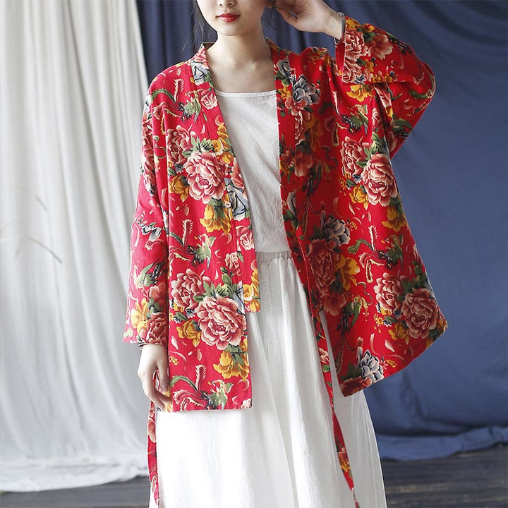 Buddha Stones Ethnic Style Northeast Red Flower Peony Print Cotton Linen Lace Up Jacket