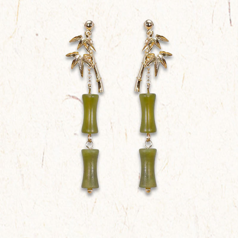 Buddha Stones 925 Sterling Silver Posts Copper Plated Gold Natural Peridot Bamboo Leaf Drop Earrings