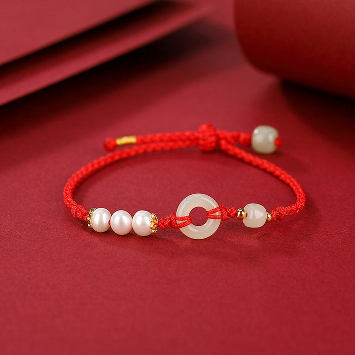 Buddha Stones 925 Sterling Silver Plated Gold Hetian Jade Peace Buckle Pearl Luck Bracelet - image 2