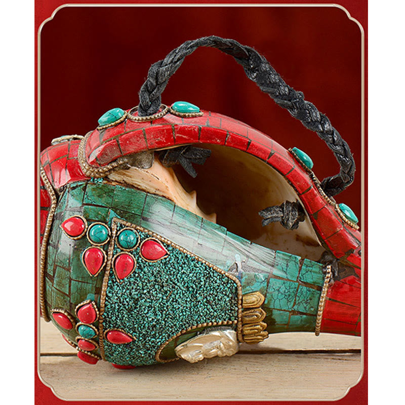 Tibetan Handmade Shankha Om Mani Padme Hum Buddha Avalokitesvara Turquoise Conch Shell Positive Decoration - image 8
