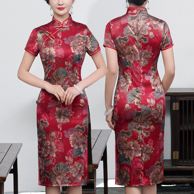 Buddha Stones Retro Flower Lotus Peony Feather Print Qipao Dress Women's Cheongsam Dress - Wine Red Lotus - US16，UK/AU20，EU48 (5XL) - image 14