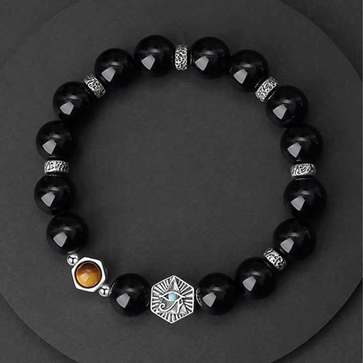 Buddha Stones 925 Sterling Silver Black Obsidian Tiger Eye Eye of Providence Purification Bracelet - image 10