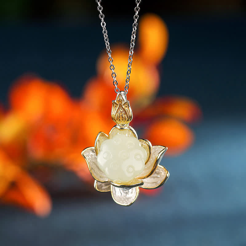 White Jade Lotus Flower Happiness Necklace - White Jade - image 1