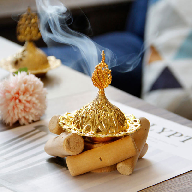 Gold Alloy Healing Mini Incense Burner With Wooden Coaster Home Decor - Gold Incense Burner 10.5*12cm - image 0
