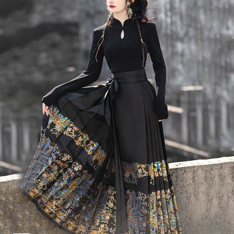 Buddha Stones Short Long Sleeve Shirt Top Chinese Hanfu Ming Dynasty Horse Face Skirt Mamianqun Skirt