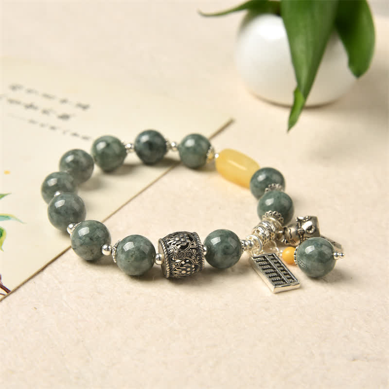 925 Sterling Silver Cyan Jade Amber Abacus Lucky Cat Success Bracelet - image 5