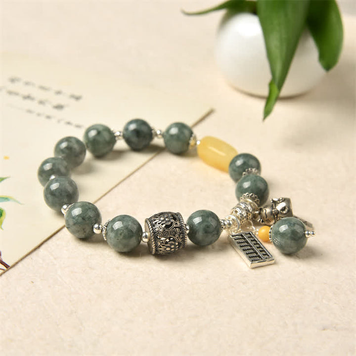 925 Sterling Silver Cyan Jade Amber Abacus Lucky Cat Success Bracelet - image 5