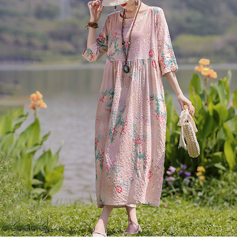 Buddha Stones Flowers Print Midi Dress Cotton Linen Tunic Dress With Pockets