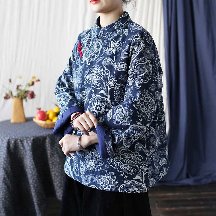 Buddha Stones Flowers Cotton Linen Jacket Shirt Chinese Northeast Style Winter Clothing