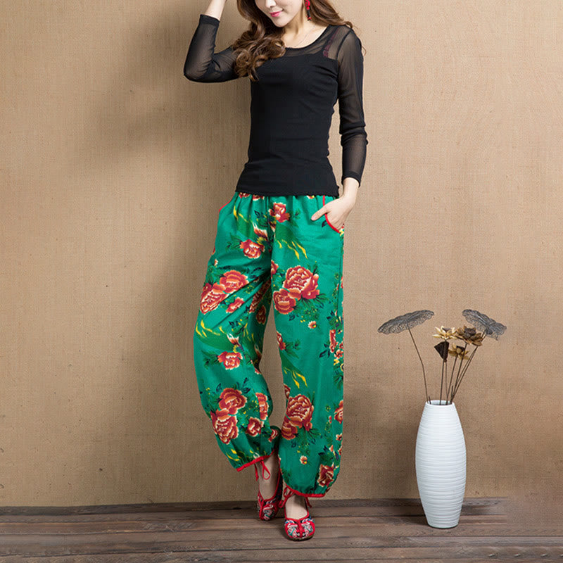 Buddha Stones Ethnic Style Red Green Flowers Print Harem Pants With Pockets