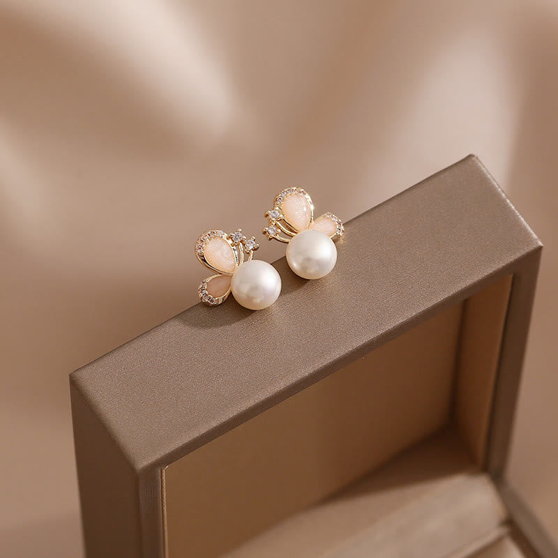 Buddha Stones 18K Gold Pearl Butterfly Love Freedom Stud Earrings - Pearl Butterfly - image 0