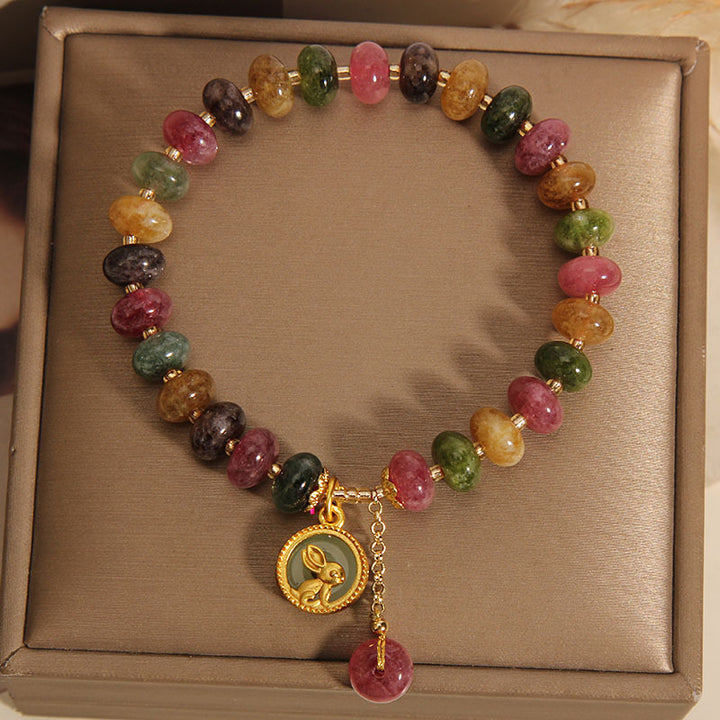 Buddha Stones Natural Colorful Tourmaline Cute Rabbit Charm Positive Bracelet