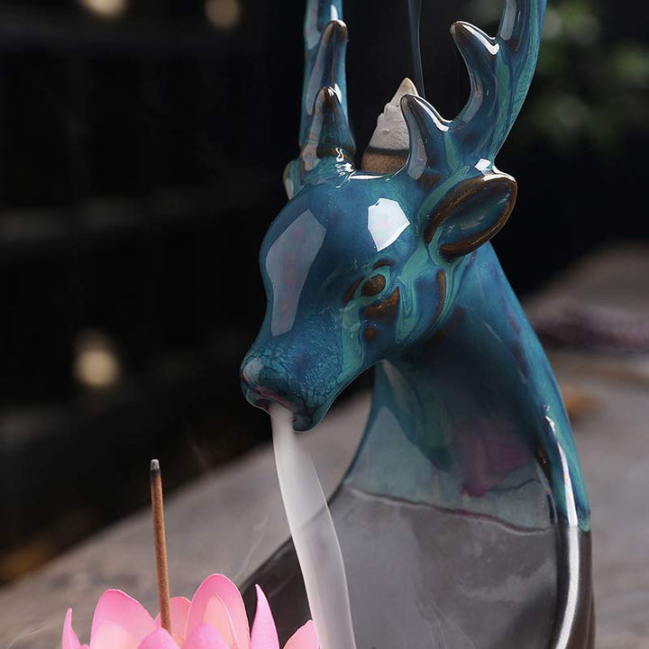 Buddha Stones Little Deer Ceramic Lotus Meditation Incense Burner Decoration - image 5