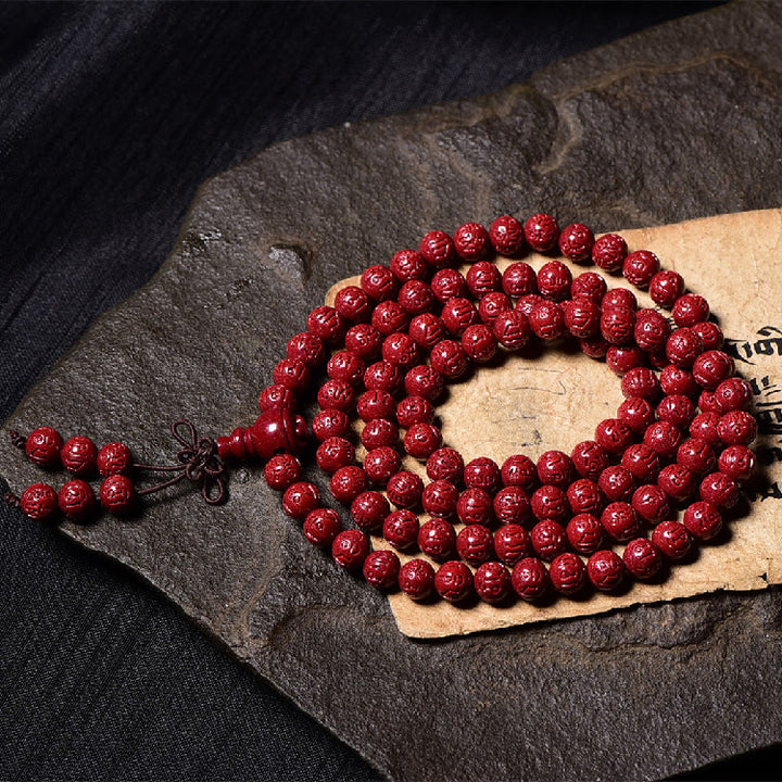Buddha Stones 108 Mala Beads Cinnabar Om Mani Padme Hum Pattern Engraved Blessing Bracelet - image 9