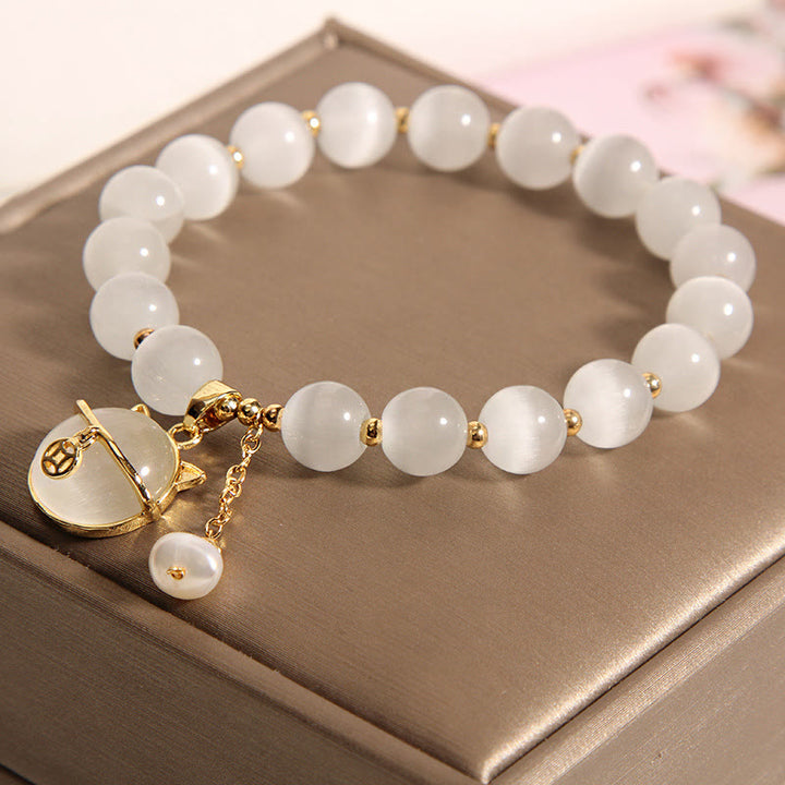Buddha Stones Cat's Eye Lovely Cat Pattern Pearl Love Charm Bracelet - image 4
