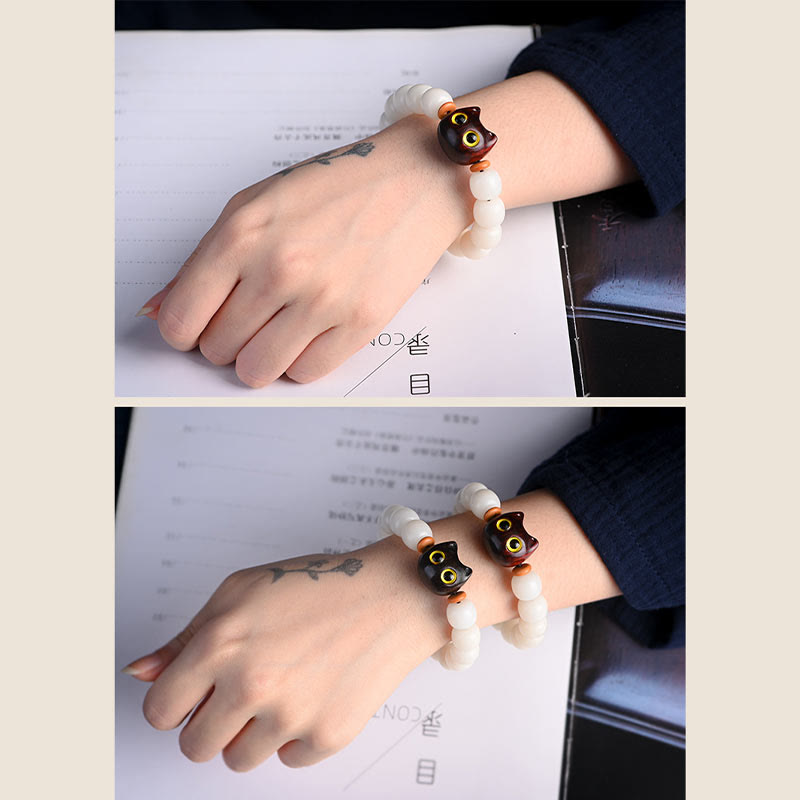 Buddha Stones Natural Bodhi Seed Small Leaf Red Sandalwood Ebony Wood Cute Lucky Cat Wisdom Bracelet - image 17