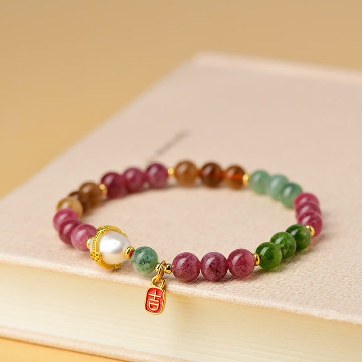 Buddha Stones Natural Multicolored Tourmaline Pearl Auspicious Character Charm Wisdom Bracelet