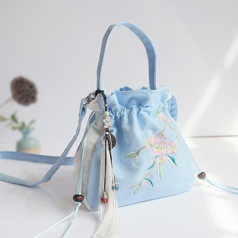 Buddha Stones Handmade Embroidered Flowers Canvas Tote Shoulder Bag Handbag - Blue White Peach Blossom 20*20cm - image 31