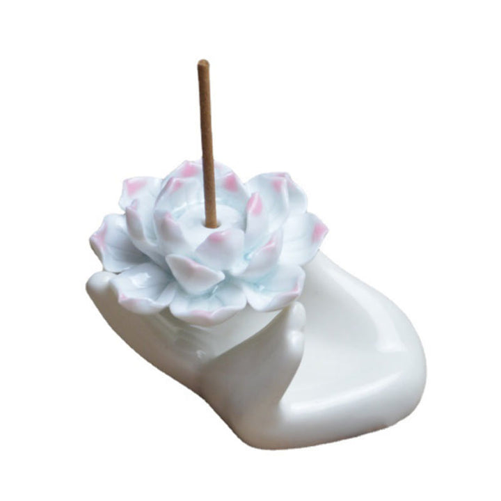 Buddha Stones Small Ceramic Lotus Hand Healing Meditation Incense Burner Decoration - image 5