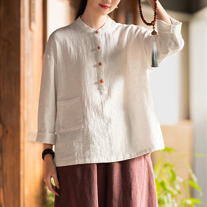 Buddha Stones Solid Color Loose Button Blouse Long Sleeve Shirt Top