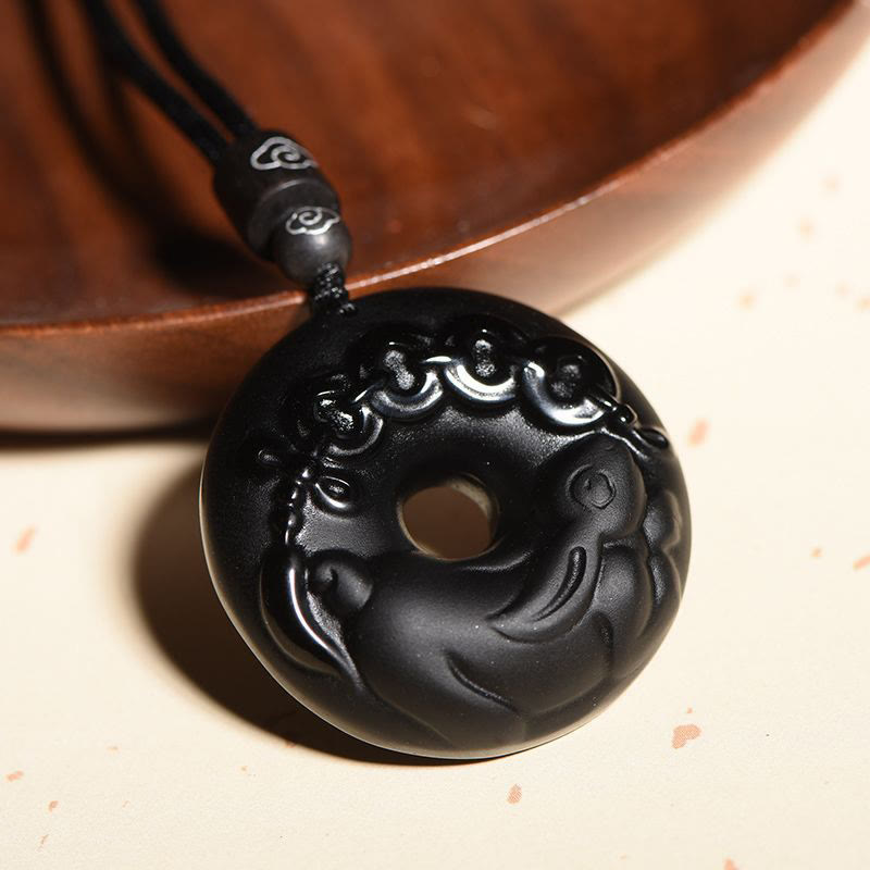 Buddha Stones Chinese Zodiac Natural Black Obsidian Peace Buckle Strength Necklace Pendant - image 3