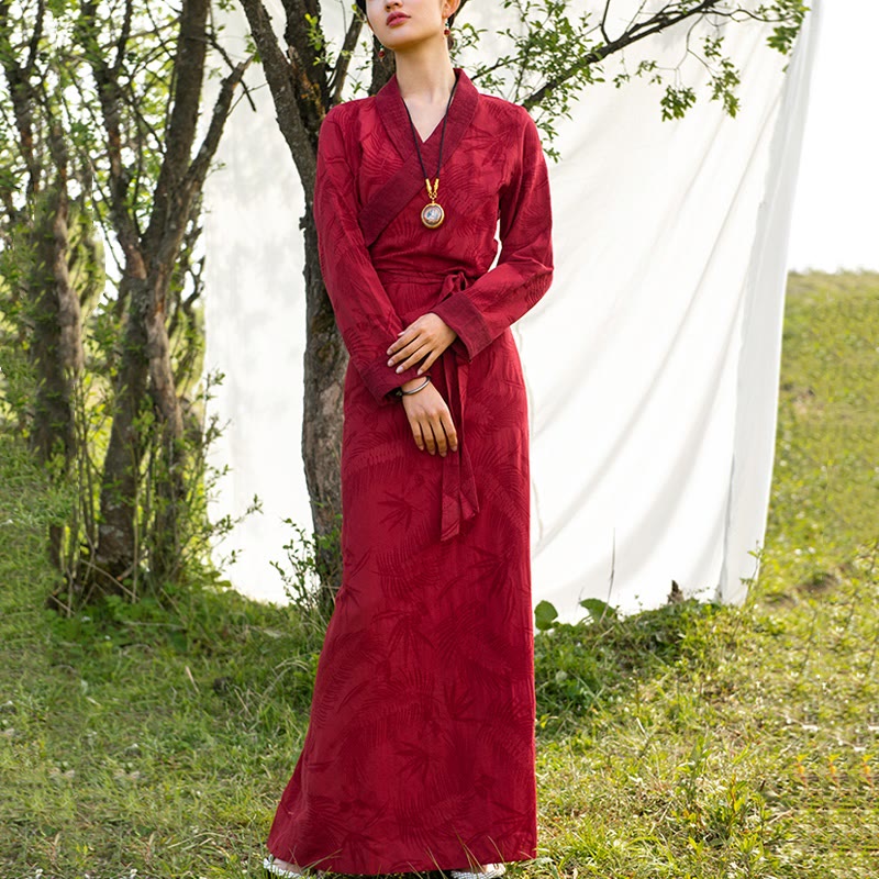 Tibetan Dress Clothing Lhasa Long Wrap Dress Maxi Dress Women Clothing - Red (bamboo leaves pattern) - US8-10，UK/AU12-14，EU40-42 (XL) - image 10