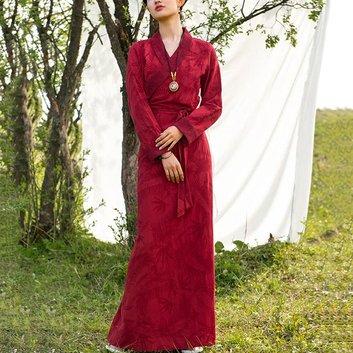 Tibetan Dress Clothing Lhasa Long Wrap Dress Maxi Dress Women Clothing - Red (bamboo leaves pattern) - US8-10，UK/AU12-14，EU40-42 (XL) - image 10