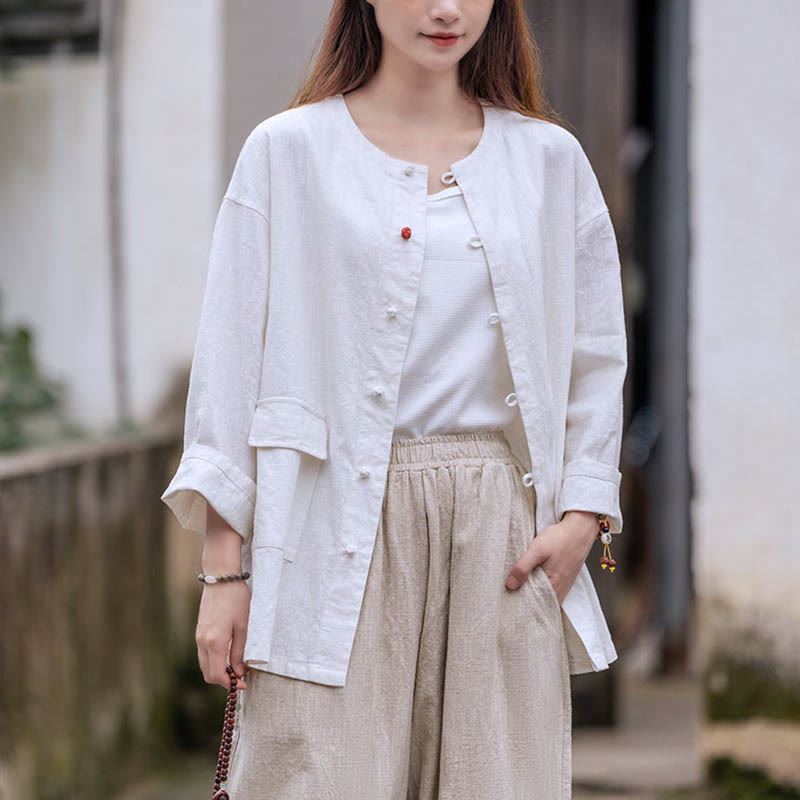 Buddha Stones Retro Zen Design Long Sleeve Shirt Ramie Linen Jacket With Pockets