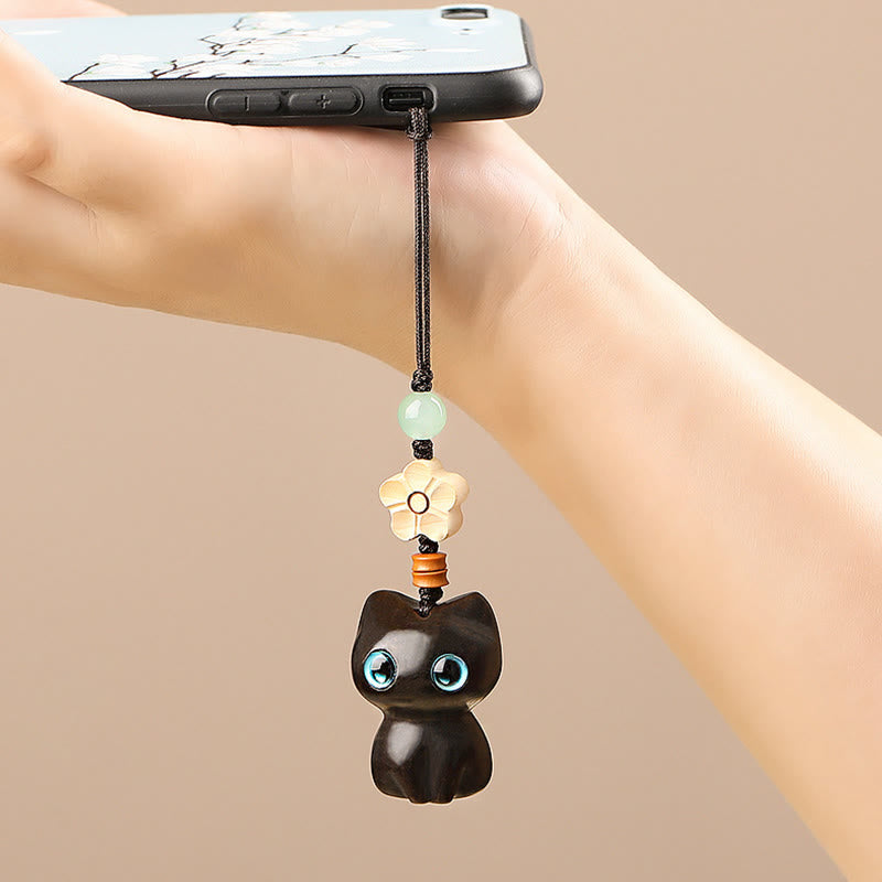 Buddha Stones Mini Small Leaf Red Sandalwood Ebony Wood Lucky Cat Lovely Kitty Peace Key Chain Phone Hanging Decoration - image 16