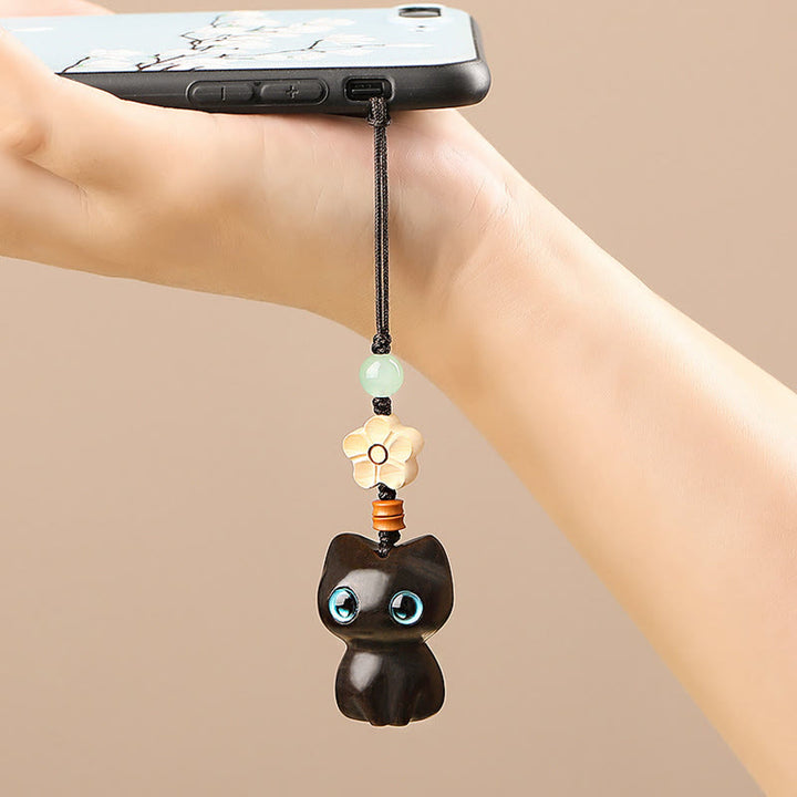 Buddha Stones Mini Small Leaf Red Sandalwood Ebony Wood Lucky Cat Lovely Kitty Peace Key Chain Phone Hanging Decoration - image 16