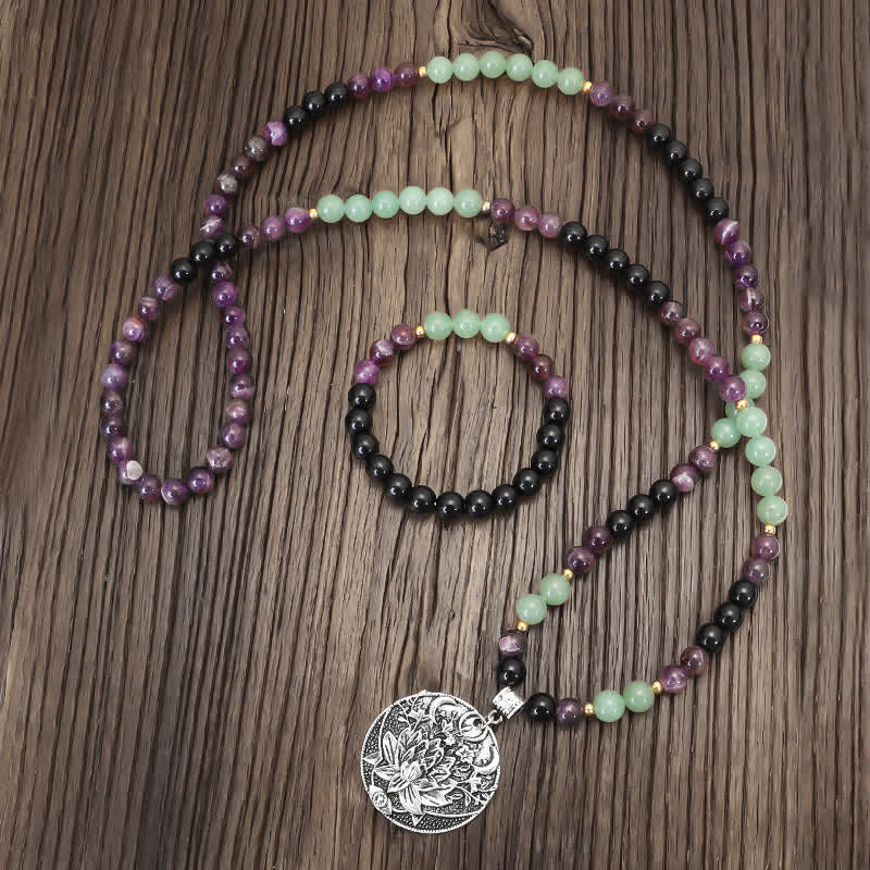 Buddha Stones 108 Mala Beads Amethyst Green Aventurine Lotus Meditation Bracelet - image 11