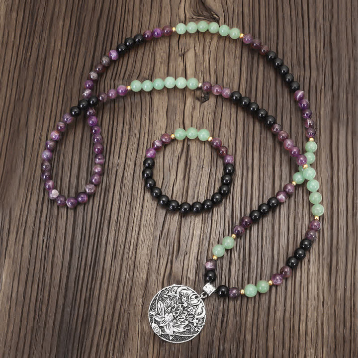Buddha Stones 108 Mala Beads Amethyst Green Aventurine Lotus Meditation Bracelet - image 11