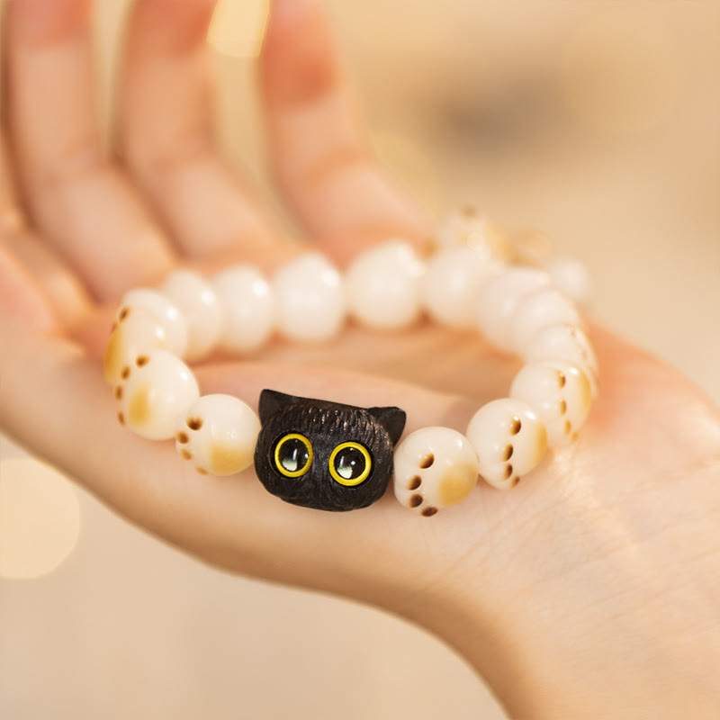 Buddha Stones Natural Bodhi Seed Red Sandalwood Lovely Paw Lucky Cat Peace Bracelet - Bodhi Seed&Cat (Wrist Circumference 14-16cm) - image 1