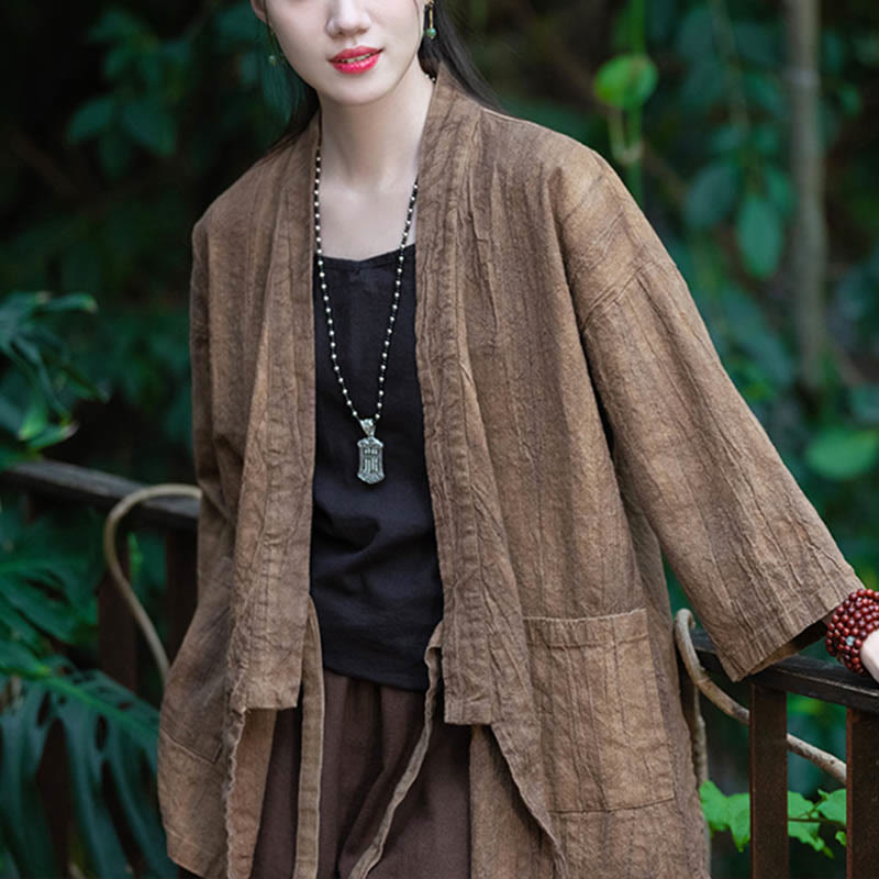 Buddha Stones Hanfu Design Three Quarter Sleeve Ramie Linen Coat Open Front Top Jacket